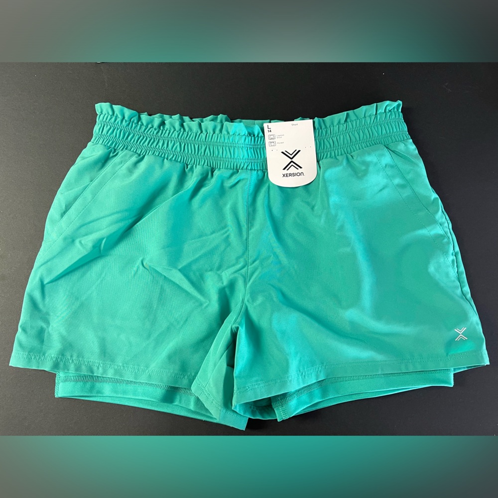 NWT Xersion Girls Layered Shorts Size Large (14) Adriatic Green